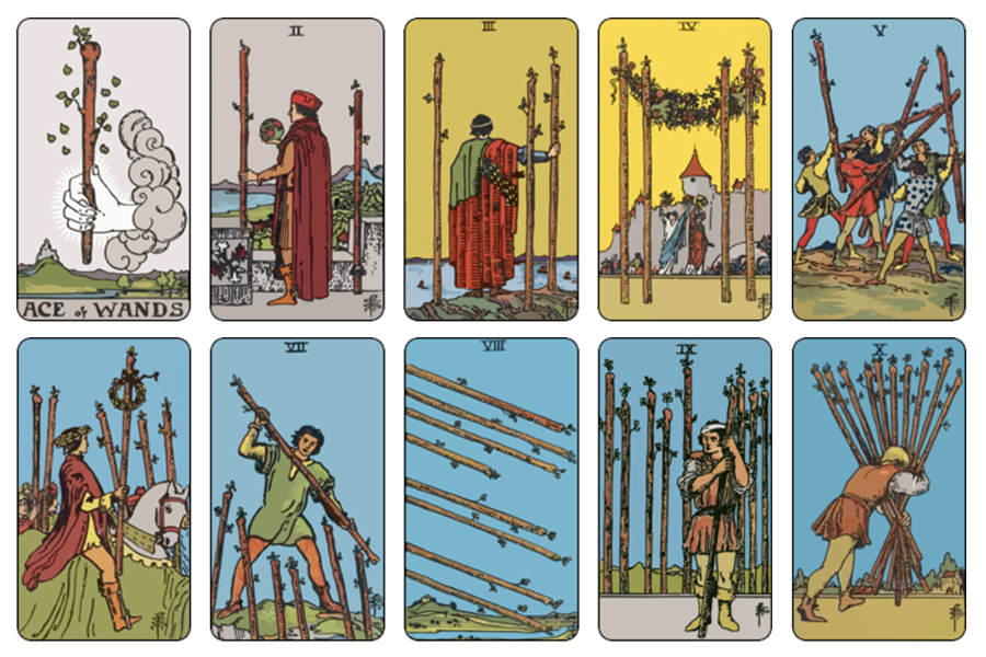 Ý nghĩa 78 lá bài Tarot theo chuẩn Rider Waite Smith 16 Những lá ẩn phụ thuộc bộ ẩn Wands.