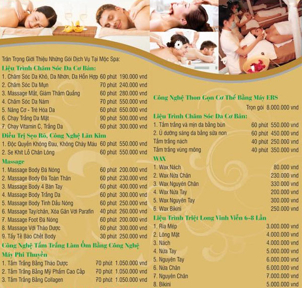 Top 5 Spa làm đẹp, Uy tín, Chất lượng tại Vũng Tàu 20 Bảng giá dịch vụ của Mộc spa Vũng Tàu