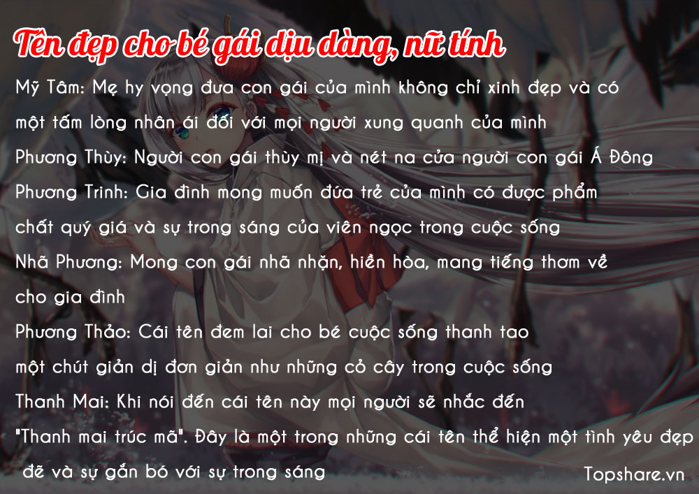 TOP 90+ Tên đẹp đặt cho bé gái mang ý nghĩa thành công, dịu dàng, nữ tính, sang trọng, quý phái 8 Tên đẹp cho bé gái dịu dàng, nữ tính