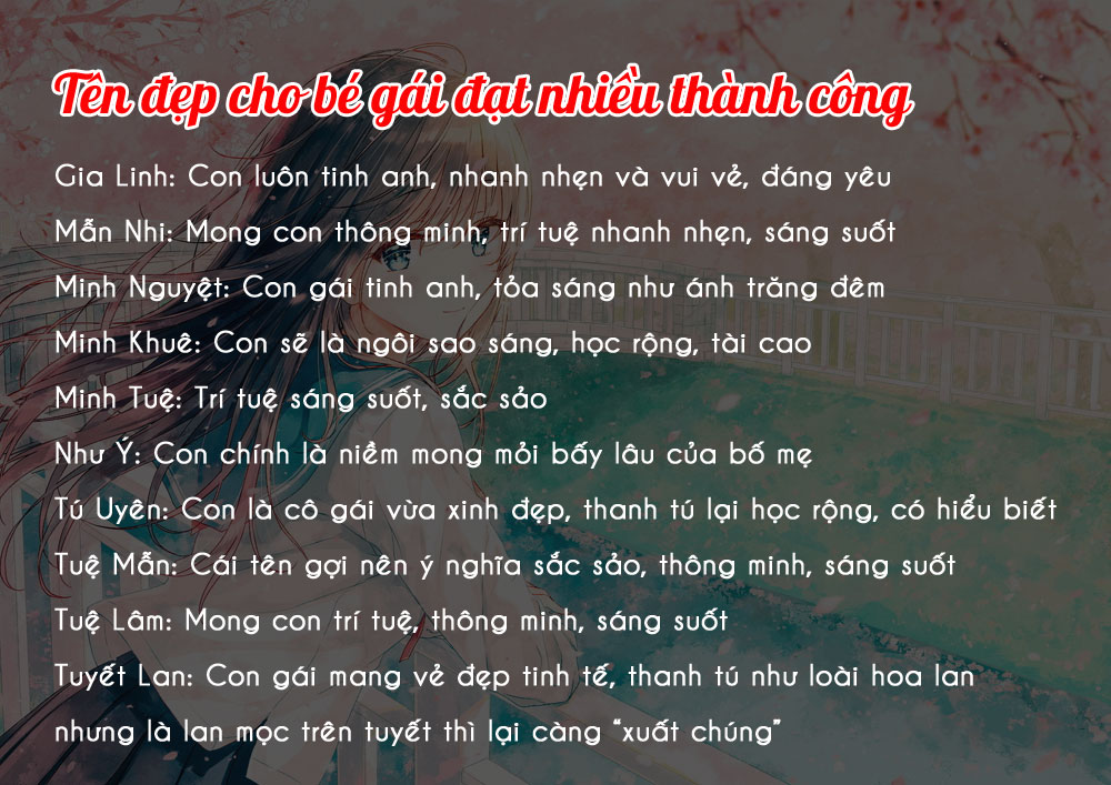 TOP 90+ Tên đẹp đặt cho bé gái mang ý nghĩa thành công, dịu dàng, nữ tính, sang trọng, quý phái 6 Tên đẹp cho bé gái đạt nhiều thành công trong cuộc sống