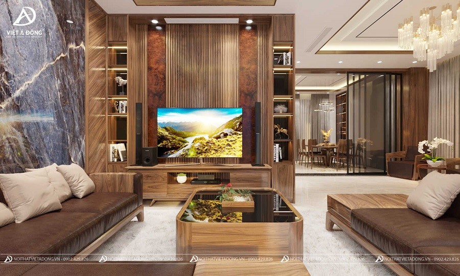 10+ Mẫu thiết kế nội thất từ gỗ óc chó đẹp cho phòng khách 31 Kệ tivi gỗ óc chó