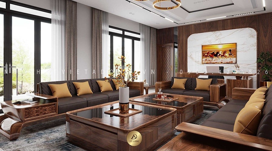 10+ Mẫu thiết kế nội thất từ gỗ óc chó đẹp cho phòng khách 30 Sofa chữ U làm từ gỗ óc chó sang trọng cao cấp.