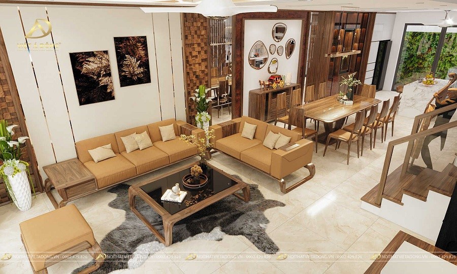10+ Mẫu thiết kế nội thất từ gỗ óc chó đẹp cho phòng khách 29 Sofa gỗ óc chó chữ U.