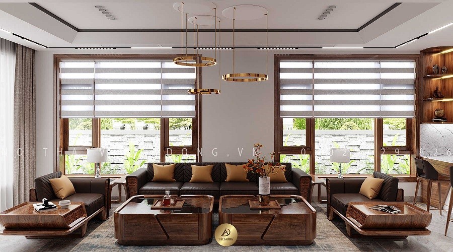 10+ Mẫu thiết kế nội thất từ gỗ óc chó đẹp cho phòng khách 27 Sofa gỗ có chó chữ U kết hợp 2 bàn trà đẳng cấp