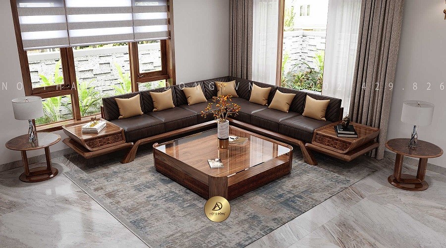 10+ Mẫu thiết kế nội thất từ gỗ óc chó đẹp cho phòng khách 23 Sofa gỗ óc chó chữ L